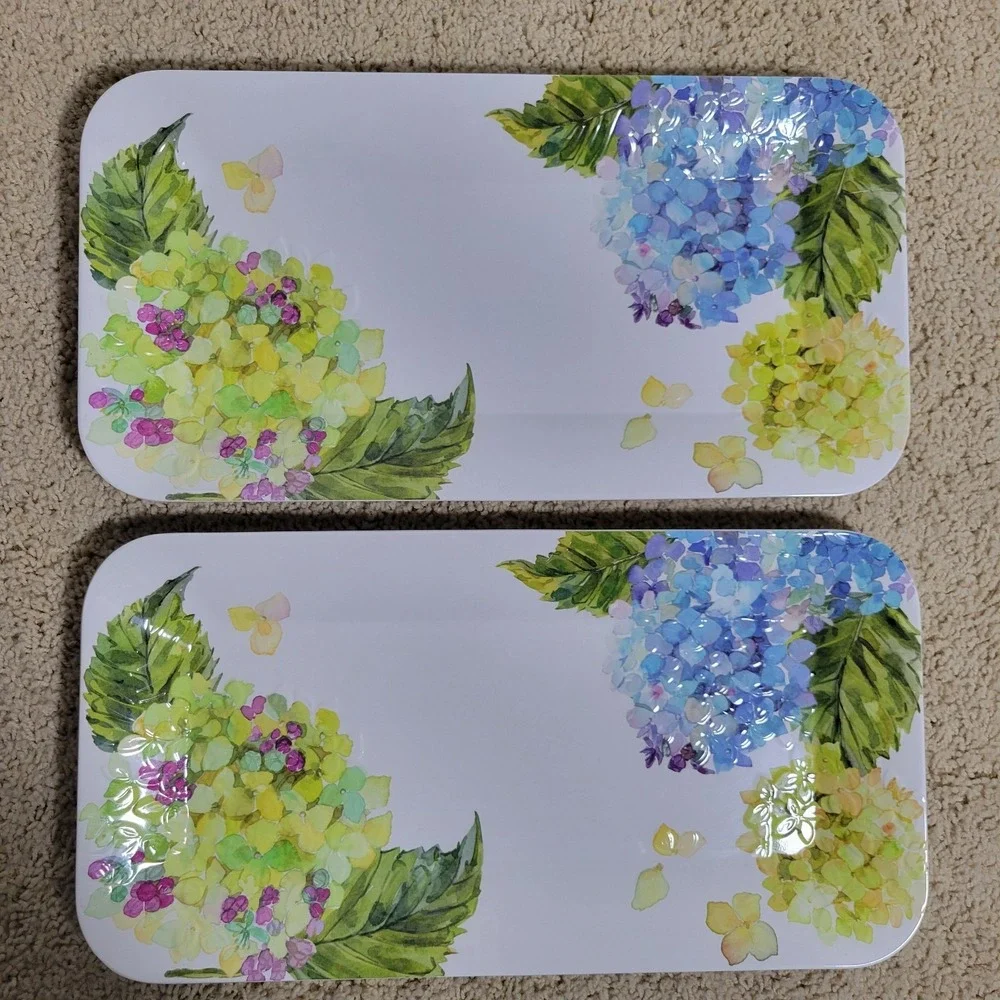 Shabby Chic Floral Hydrangeas Watercolor Melamine Serving Trays Platter 15x8 (2)